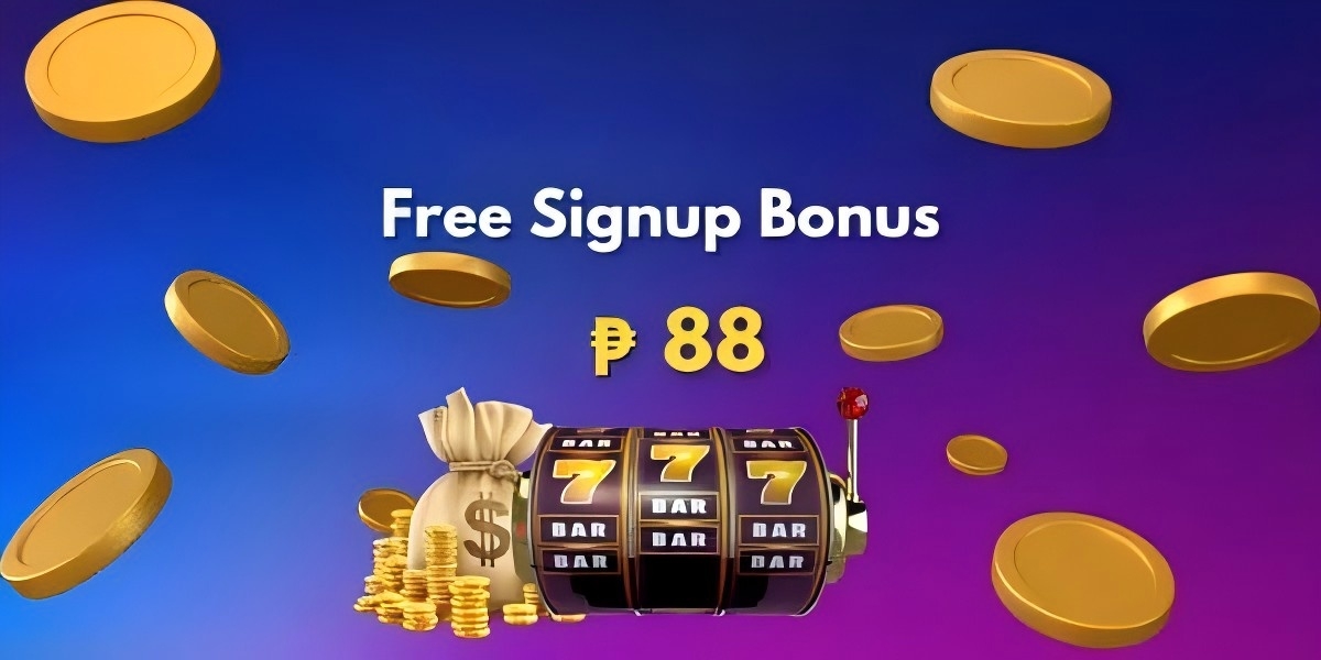 Signup bonus artwork with gold coins and a slot machine